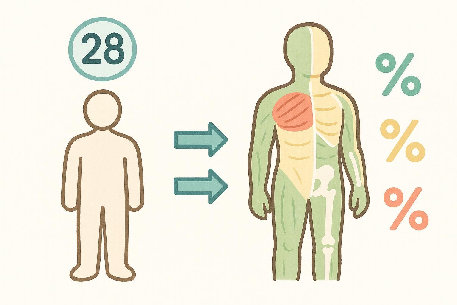 Illustration comparing a single BMI number displayed above a simple human figure to a detailed body composition breakdown from a DEXA scan shown on a figure with internal structures highlighted, indicating the difference in information provided.