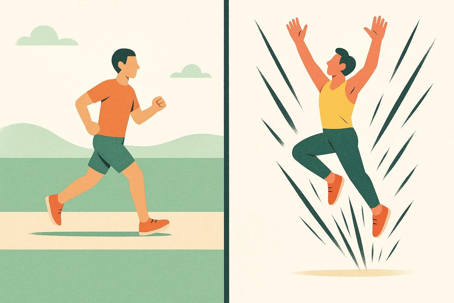 Split-screen illustration comparing steady-state jogging on a long path (aerobic exercise) with an explosive, powerful jump (anaerobic exercise) to visually represent the two types of physical activity.