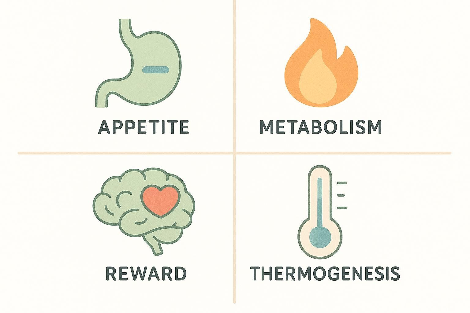 Four icons illustrating the effects of Wellbutrin: a stomach icon for appetite, a flame icon for metabolism, a brain with a heart icon for reward, and a thermometer icon for thermogenesis.