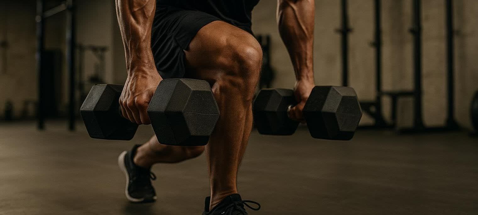 A close-up shot of a muscular man's arms and legs, holding heavy dumbbells, as he performs a movement that resembles a lunge or a farmer's walk in a gym setting.