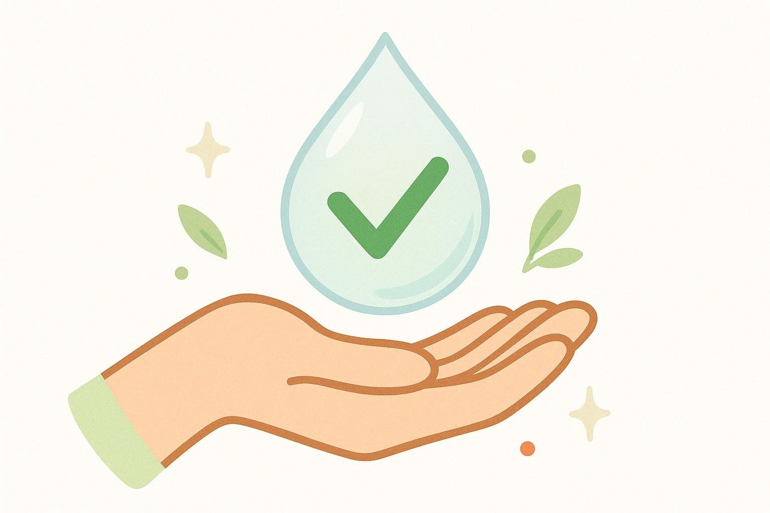 A symbolic illustration of a hand holding a water droplet with a checkmark inside, representing safety and proper use.