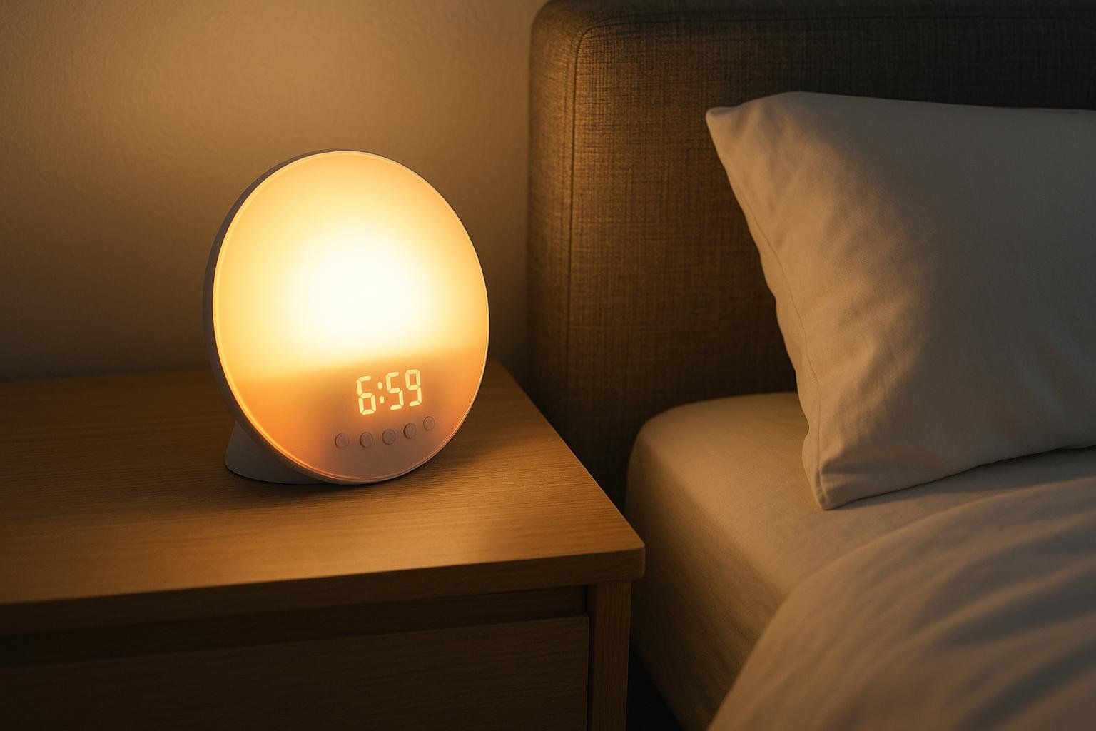A circular sunrise alarm clock displaying 6:59, illuminating a dim bedroom from a wooden nightstand beside a bed with a white pillow.