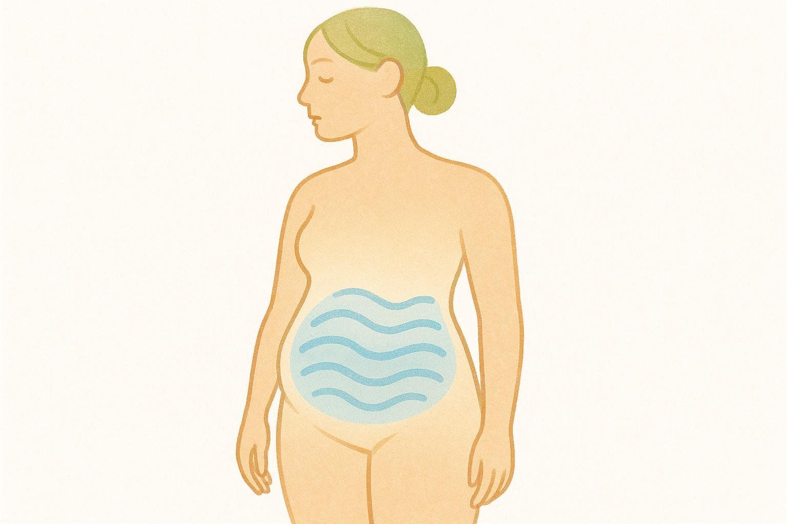 An illustration showing a female figure with wavy lines in her midsection to symbolize water weight and bloating.