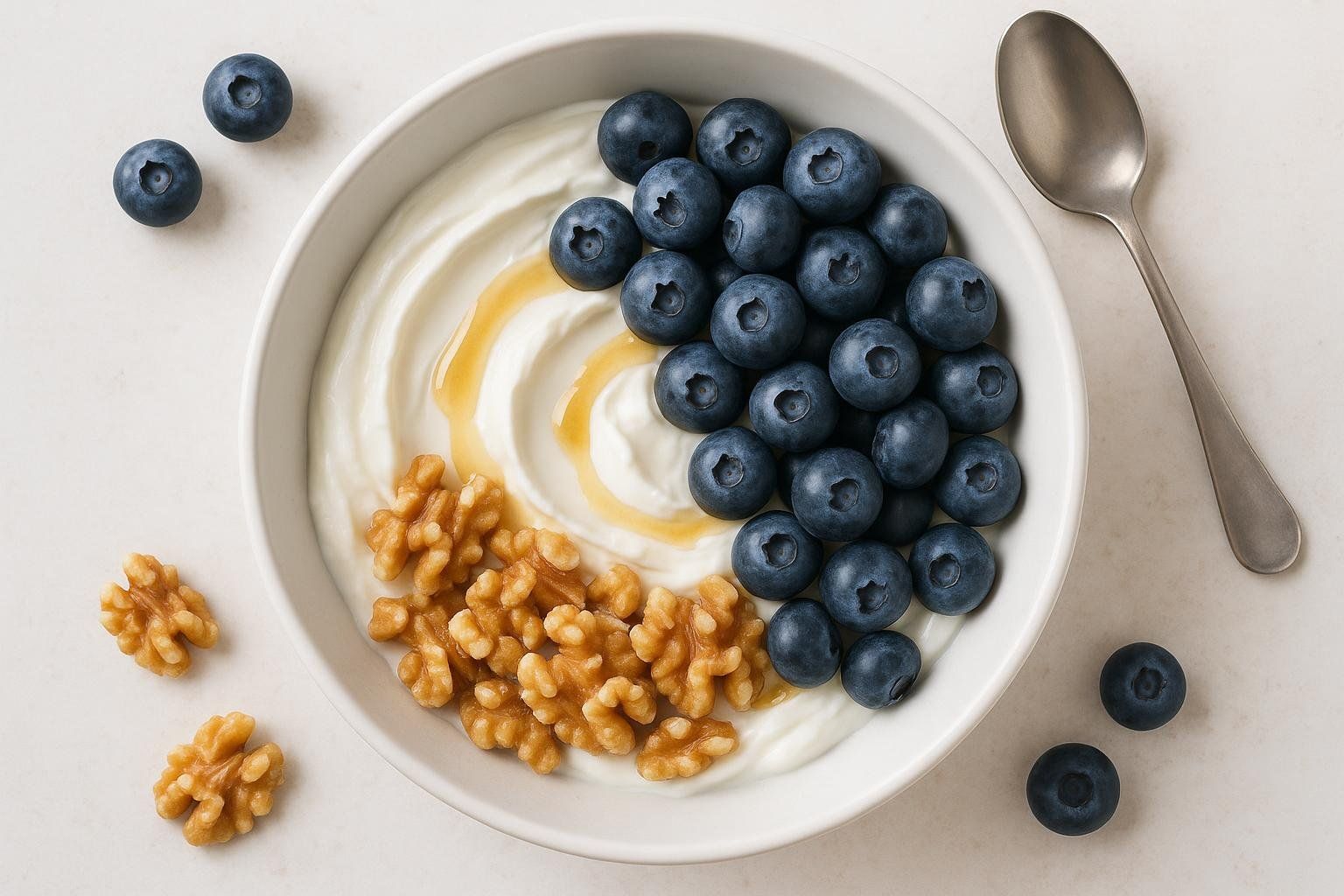 Healthy yogurt bowl with protein and fiber, lightly sweetened.