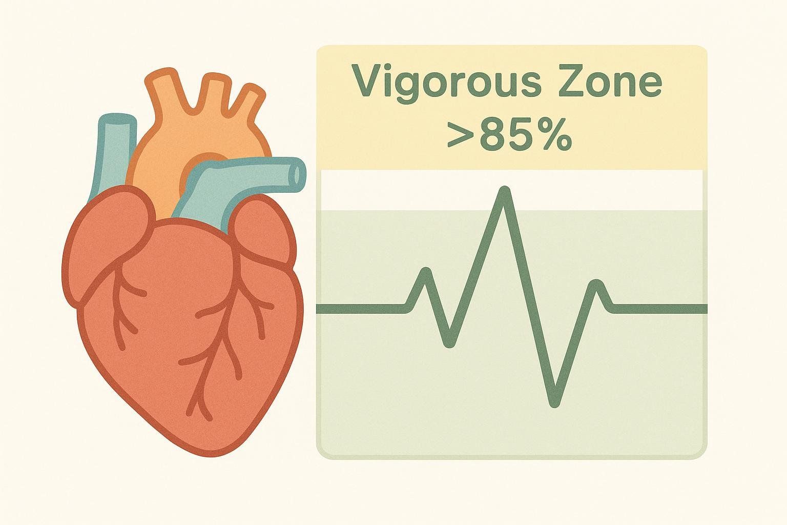 An illustration showing a human heart next to a heart rate monitor display. The monitor shows a green line spiking, indicating a high heart rate, and the text "Vigorous Zone >85%" is displayed at the top, signifying a vigorous workout intensity.