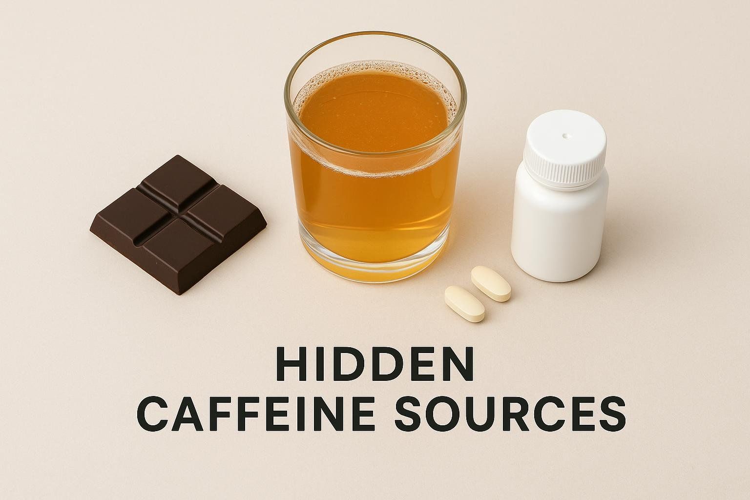 An overhead shot of dark chocolate, a glass of kombucha, and a bottle of pain medication with two pills next to it, on a light background. The text 'HIDDEN CAFFEINE SOURCES' is overlaid on the lower half of the image.