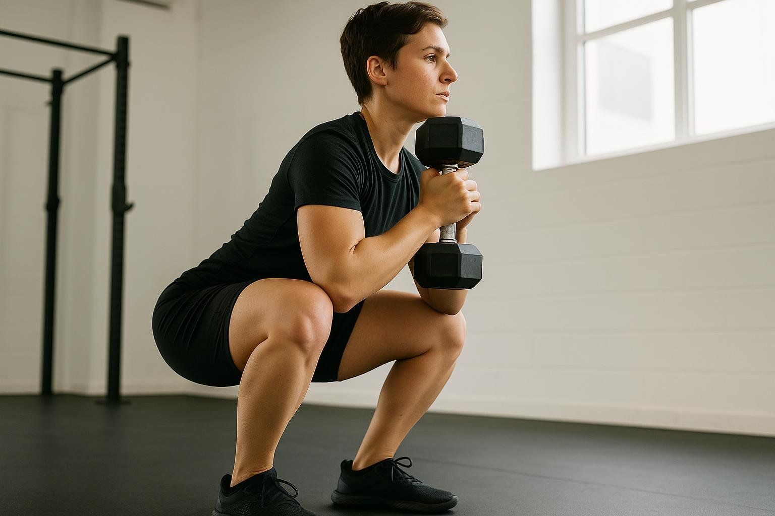 A person in athletic wear performing a dumbbell goblet squat in a gym, holding a black dumbbell against their chest.
