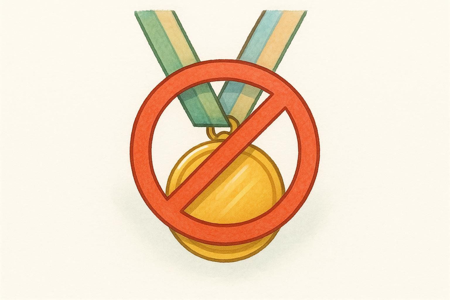 A gold medal with a red prohibition symbol stamped over it, symbolizing that MK-677 is banned in sports competition.