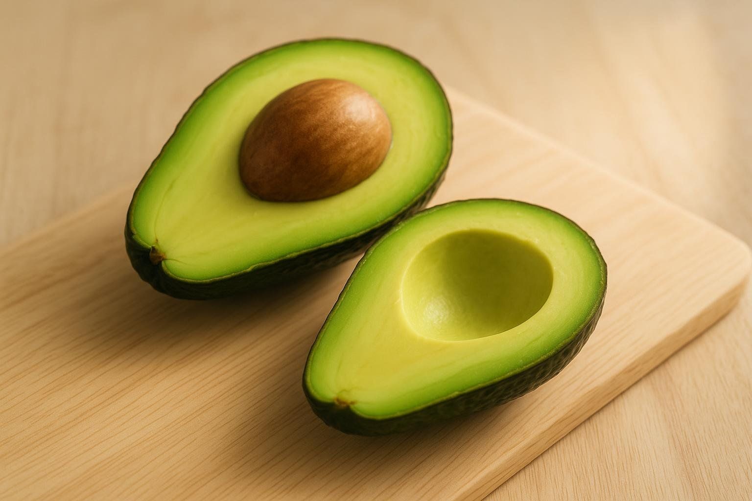 A halved avocado on a light wooden cutting board. One half contains the brown pit, while the other half has an empty indentation. The vibrant green flesh and dark skin of the avocado are clearly visible.