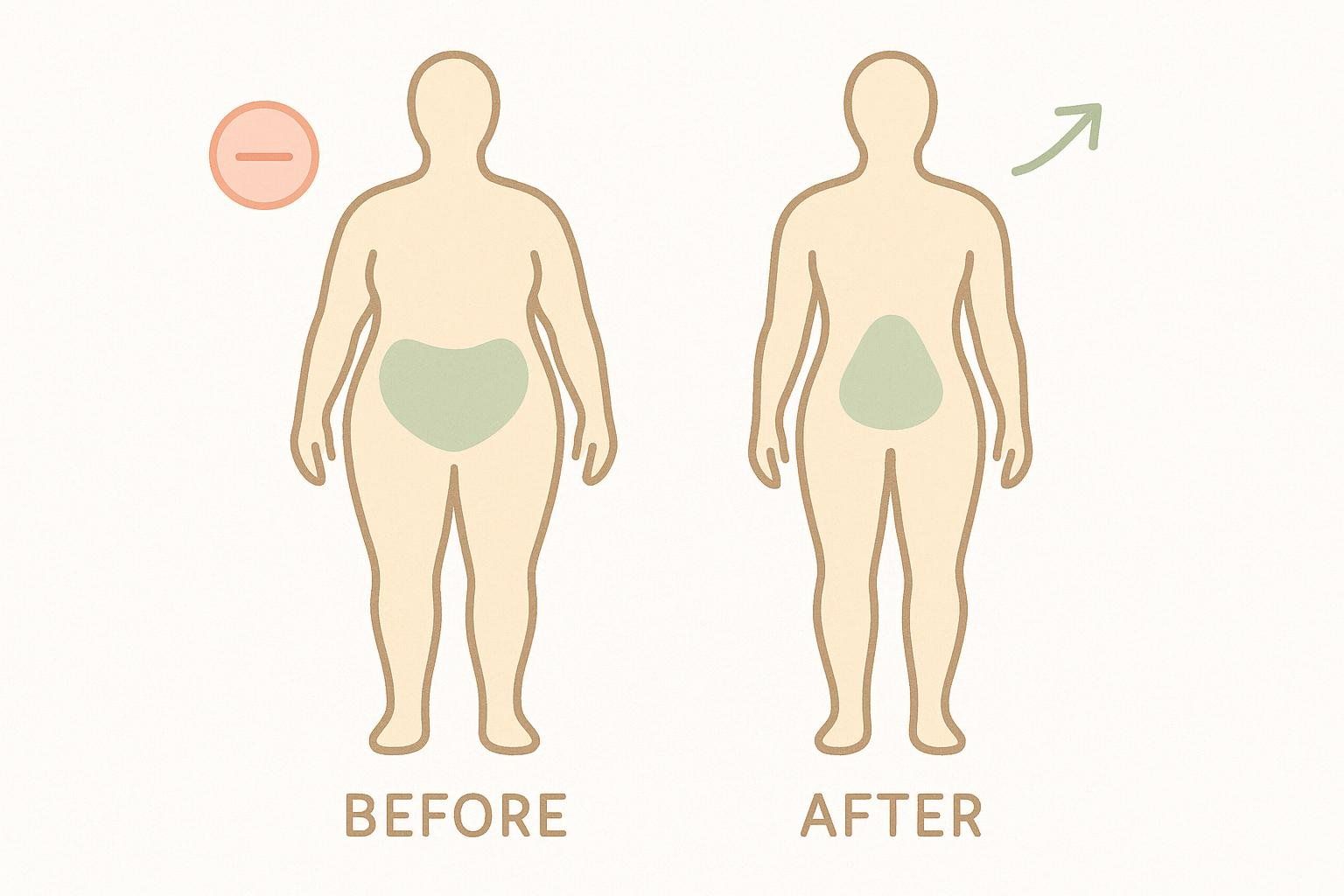 An illustration comparing a larger body shape labeled 'BEFORE' with a smaller body shape labeled 'AFTER', indicating positive body composition changes.