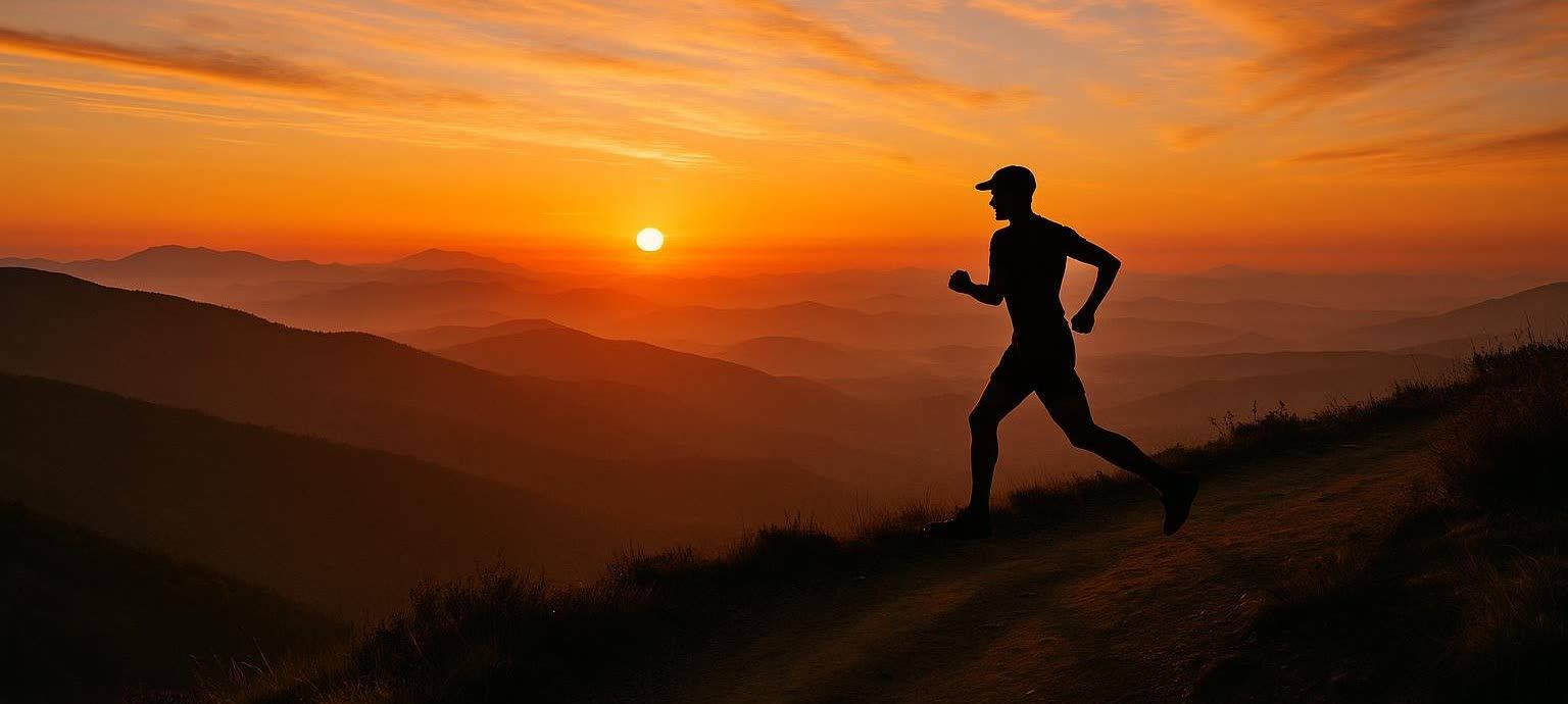 A runner on a scenic mountain trail at sunrise, symbolizing sustainable LISS cardio.
