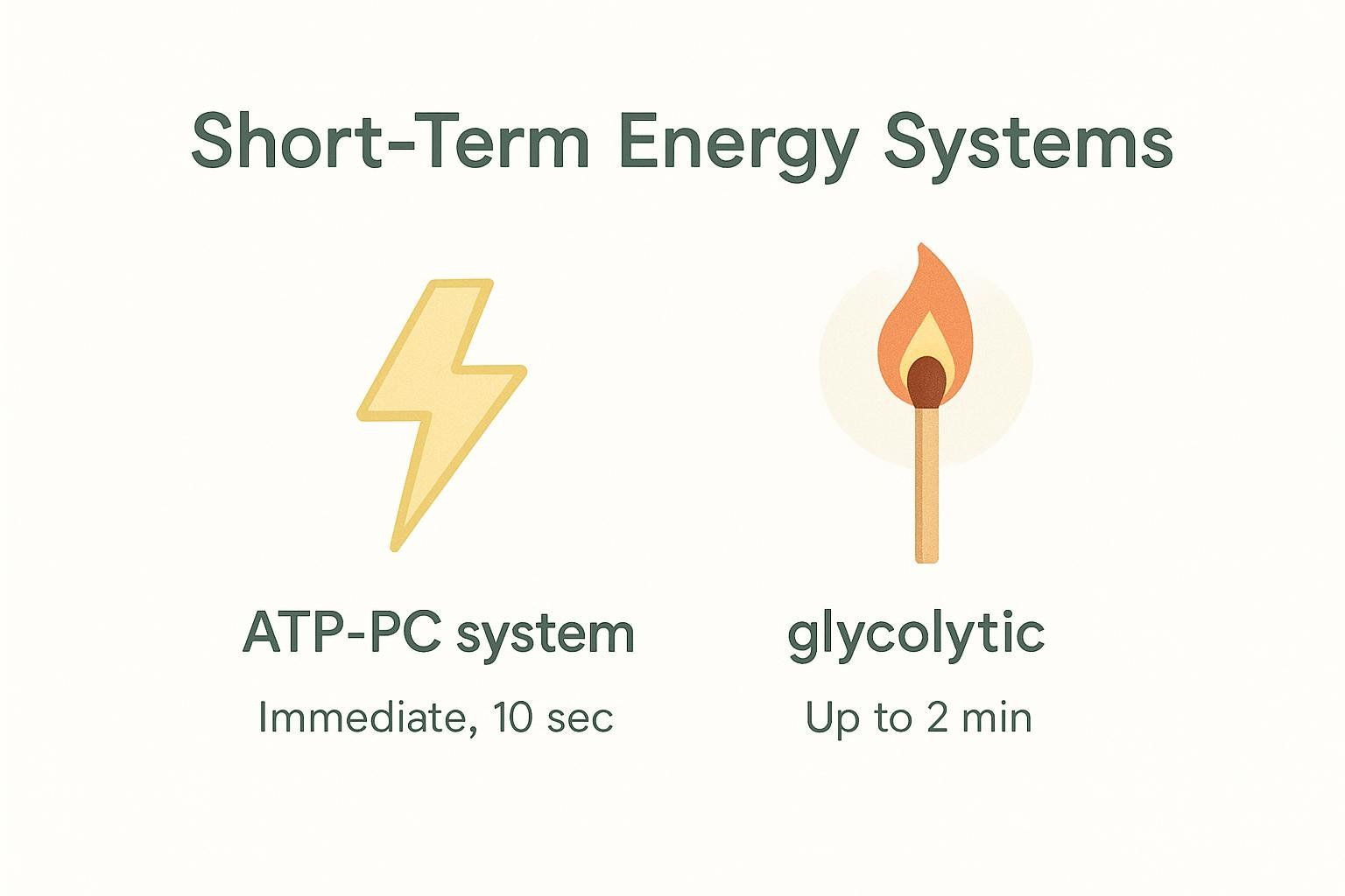 An illustration categorizing short-term energy systems. On the left is a lightning bolt symbol for the ATP-PC system, labeled "Immediate, 10 sec". On the right is a burning match symbol for the glycolytic system, labeled "Up to 2 min".