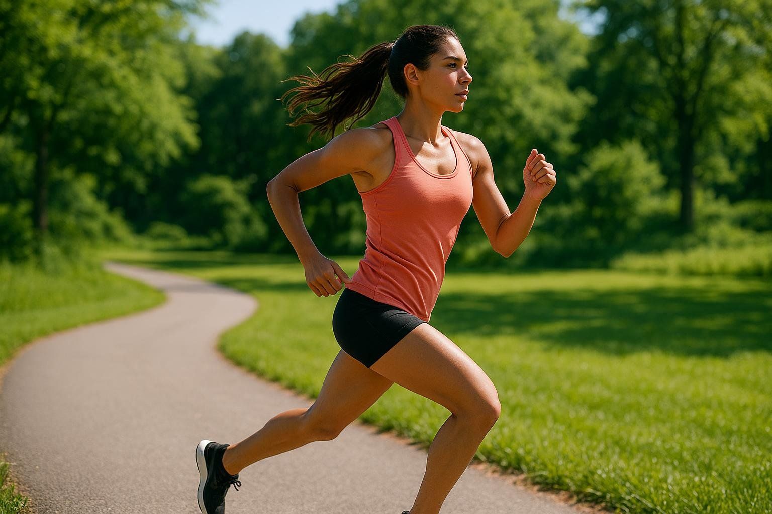 A fit woman with her hair in a ponytail runs along a winding paved path in a lush green park on a sunny day, wearing a peach-colored tank top and black shorts.