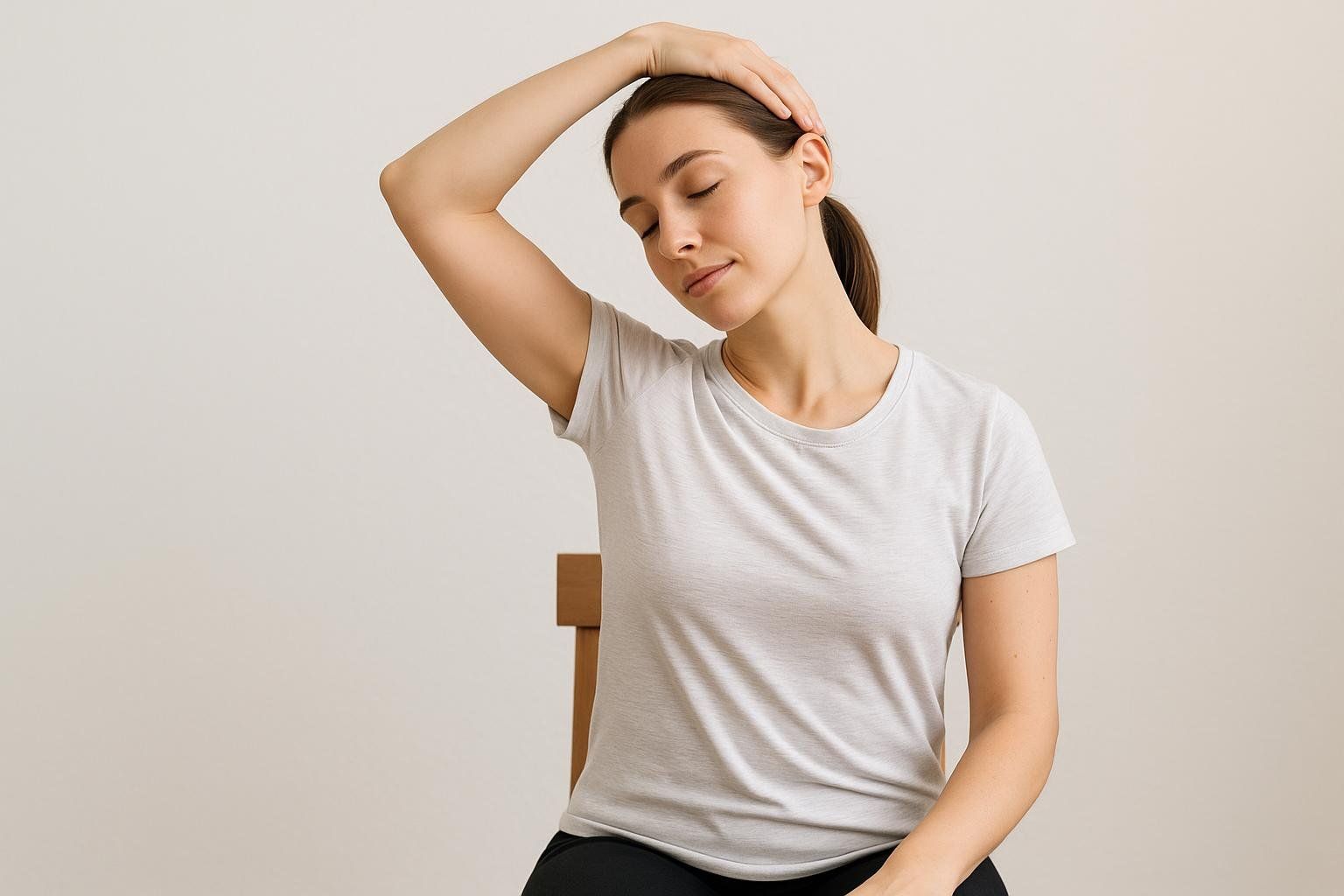 A woman with her eyes closed gently stretches her neck to the side, using her hand to deepen the stretch. She is wearing a light color t-shirt and has her hair in a ponytail.
