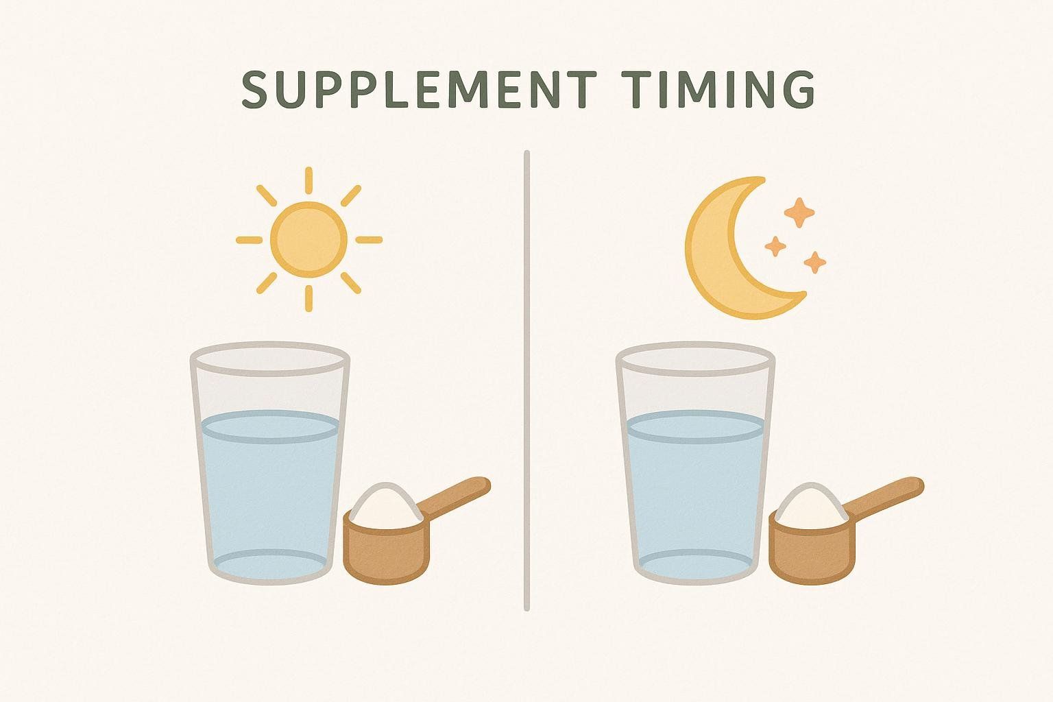 Illustration showing collagen should be taken twice daily, represented by sun and moon icons for morning and evening doses.