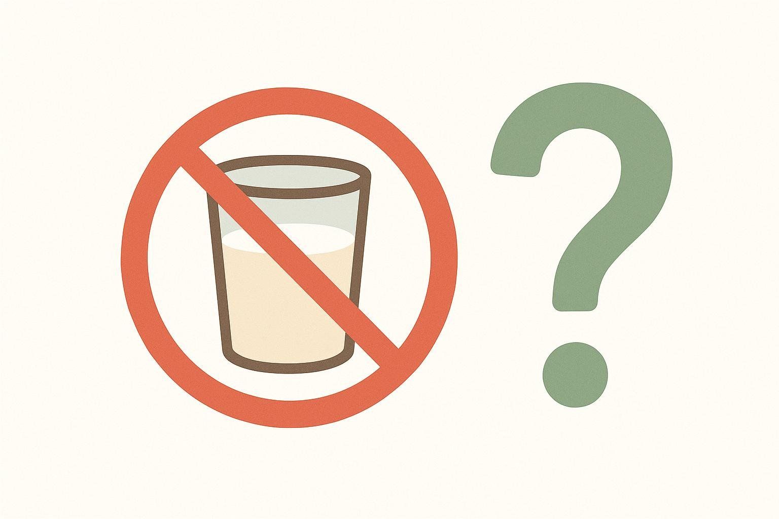 A graphic featuring a red circle with a line through a glass of milk, indicating a 'no milk' or 'milk-free' warning, next to a large green question mark. This visual metaphor suggests uncertainty or a question regarding milk content, possibly related to allergies or dietary restrictions.