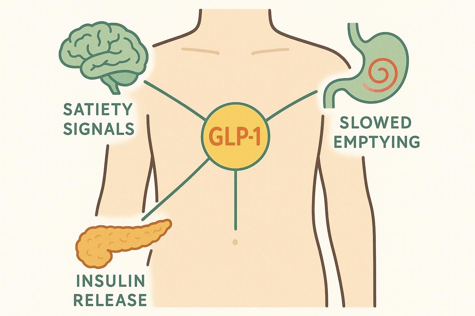 Illustration showing GLP-1 influencing satiety signals from the brain, slowed emptying from the stomach, and insulin release from the pancreas.