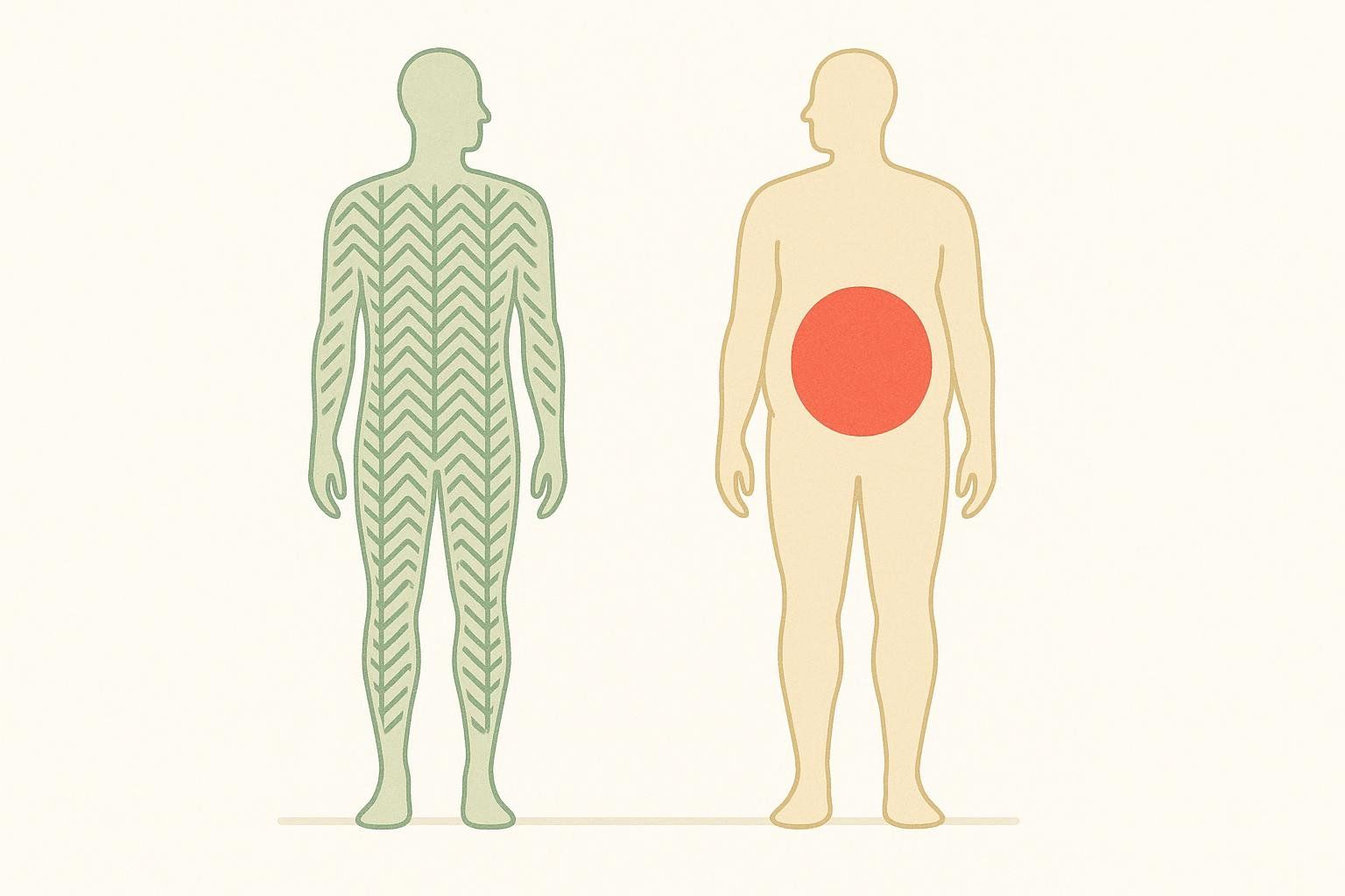 A diagram comparing two human bodies: one lean and muscular (represented by a green outline with chevron patterns), and the other with a larger, rounder abdomen indicating high visceral fat (represented by a beige outline with a red circle in the abdominal area). Both figures are shown to be of similar height, illustrating that BMI does not always reflect body composition.