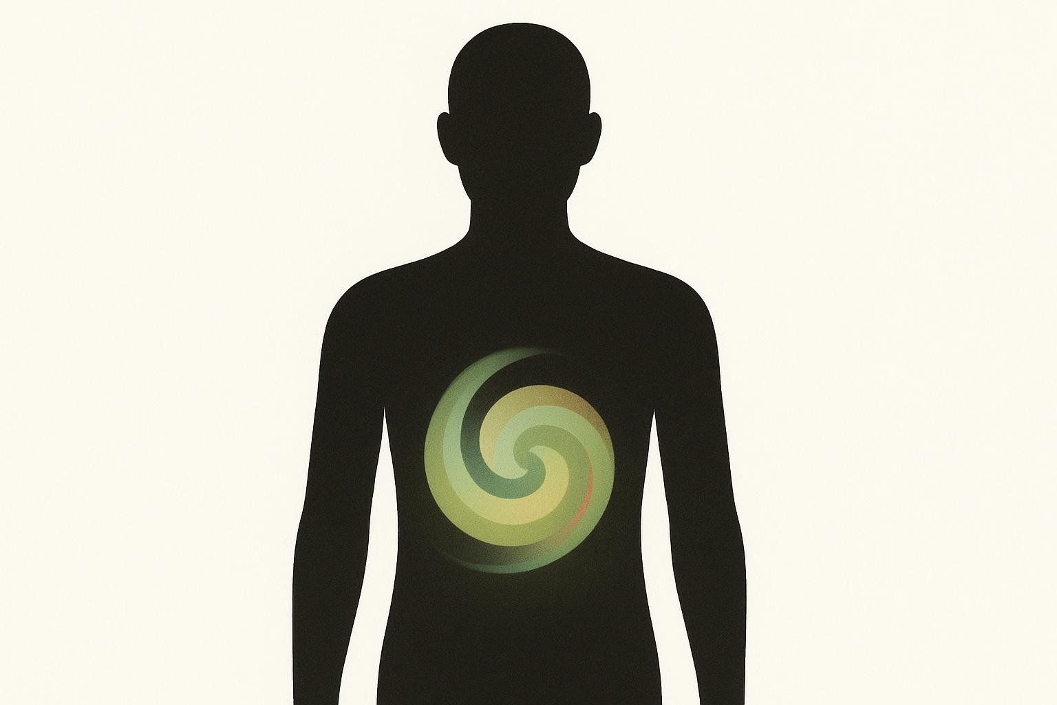 Abstract illustration of a person's silhouette with a gentle green and yellow swirl over their stomach, representing gastrointestinal side effects like nausea.