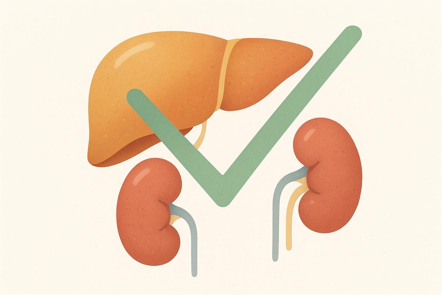 An illustration of a healthy liver and kidneys with a green checkmark, symbolizing that the body's natural detox system works.