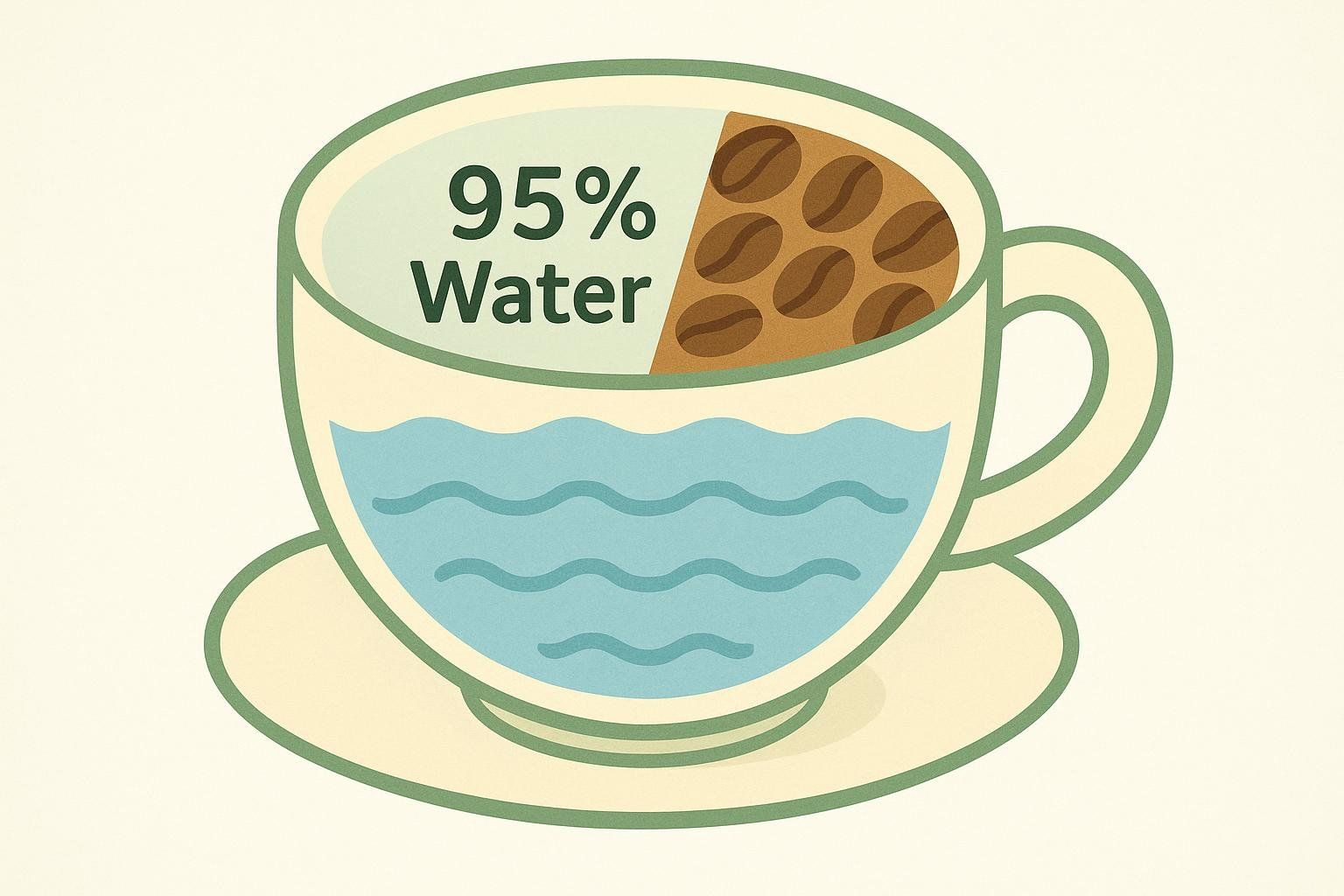 An infographic showing a coffee cup, with the top 5% filled with coffee beans and the bottom 95% filled with water and labeled '95% Water', illustrating that coffee is mostly water.