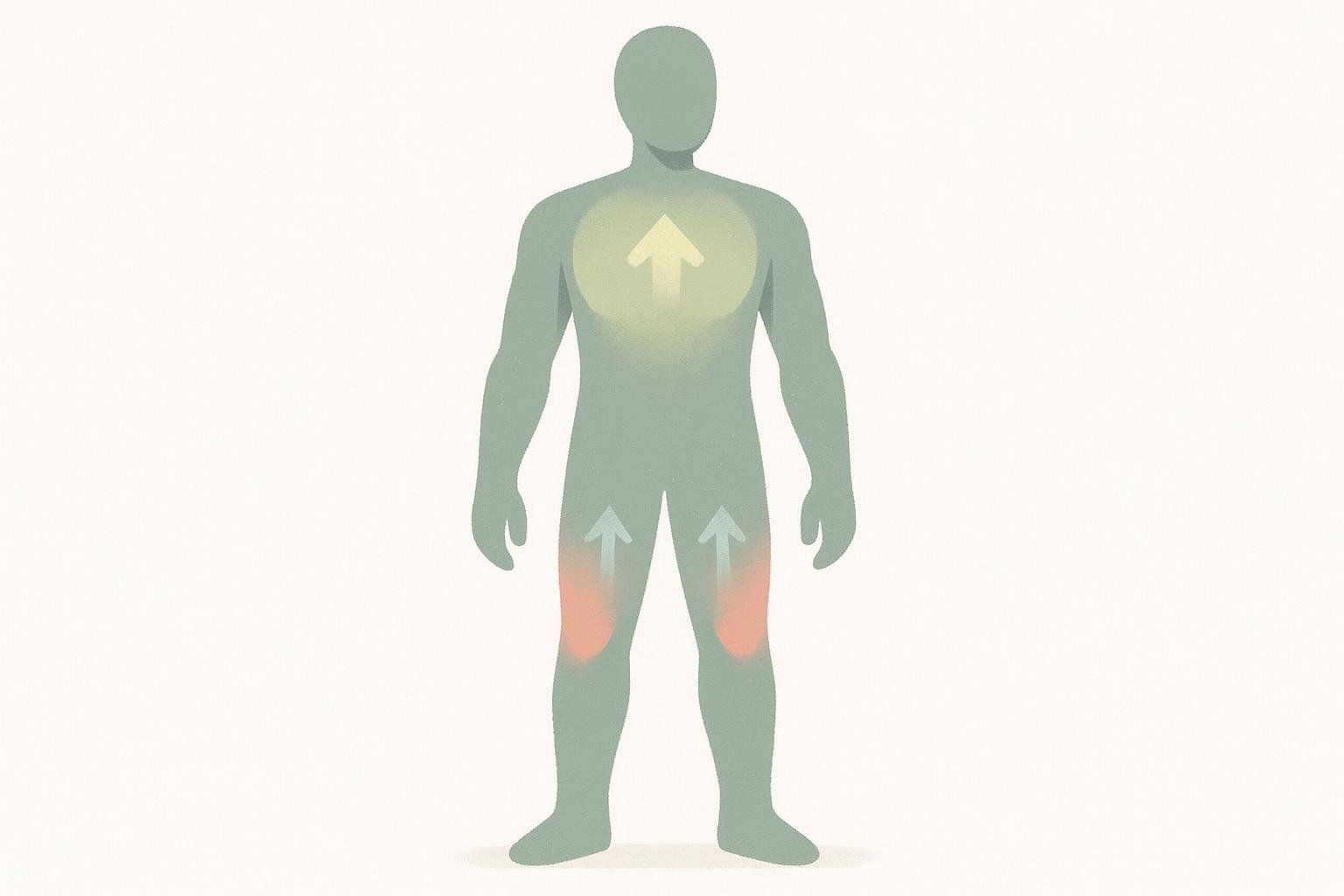 An abstract illustration of a human silhouette with a glowing yellow area in the chest and an upward arrow, and a red area in the knees with two upward pointing arrows.