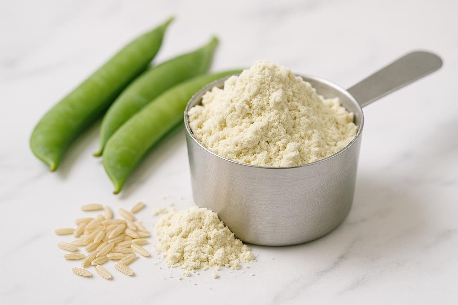 A metal measuring cup overflowing with light-colored vegan protein powder. Beside it are a small pile of protein powder, a mound of light brown rice grains, and three green pea pods. These are the ingredients from which vegan protein powder is made.