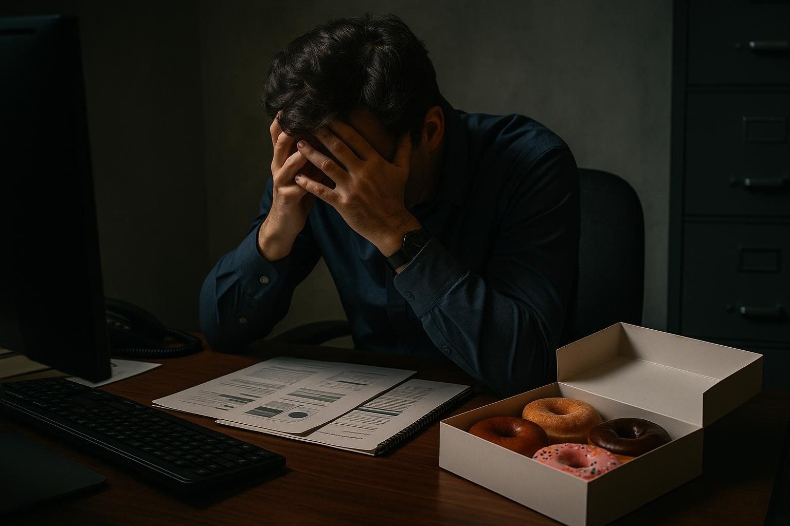 A stressed person at a desk with their head in their hands, with a tempting box of donuts nearby, illustrating the link between stress and unhealthy food choices.