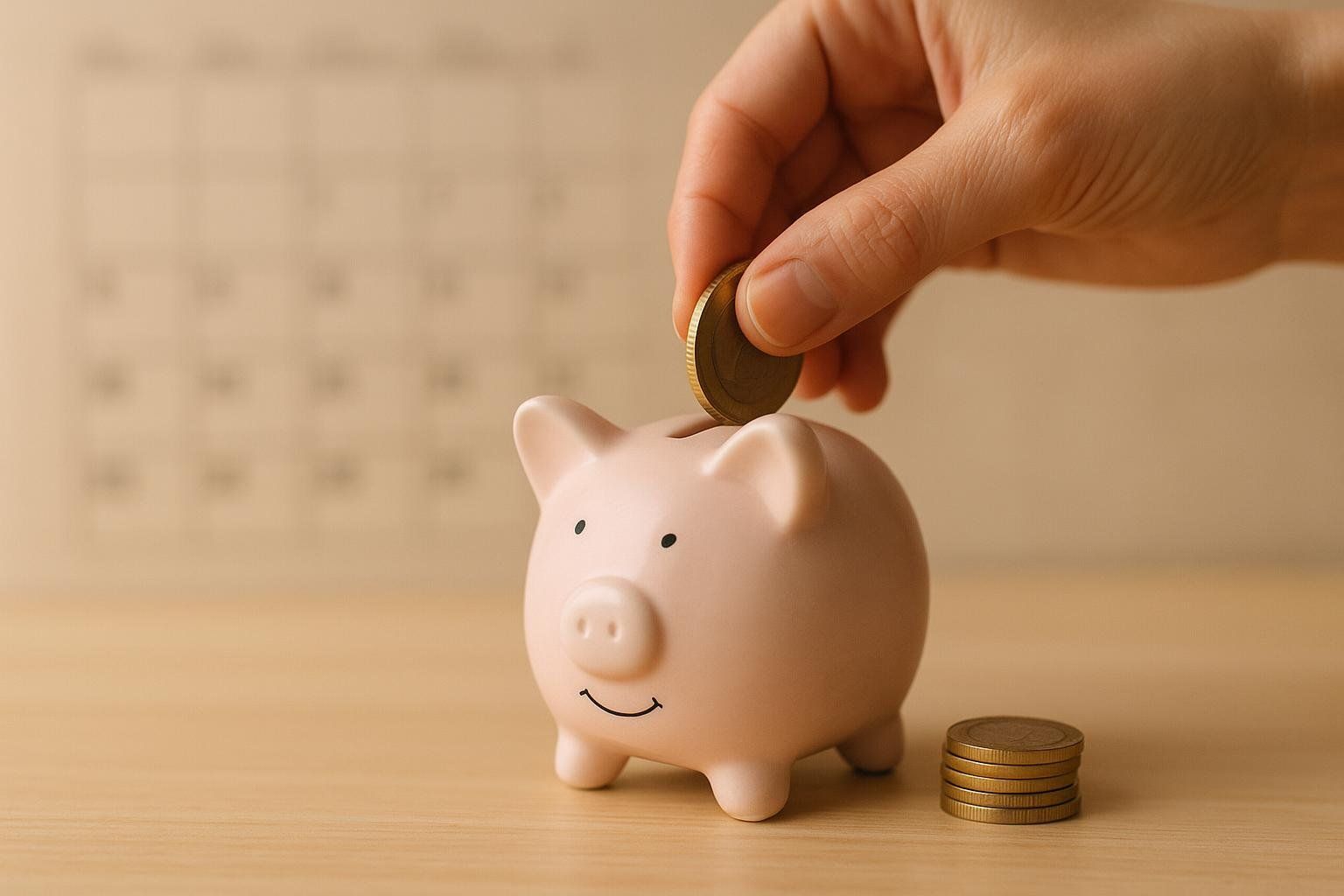 A hand places a coin into a pink piggy bank. A stack of coins sits next to the piggy bank, and a blurred calendar is in the background.