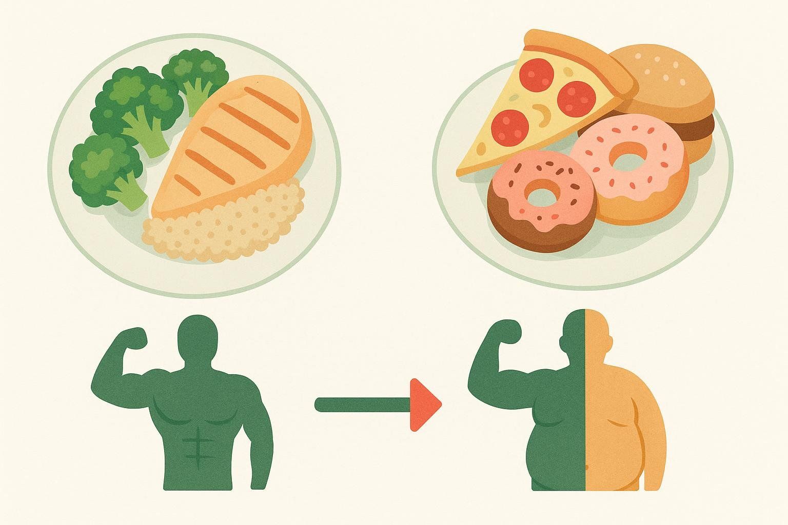 An illustration comparing the outcomes of a 'clean bulk' versus a 'dirty bulk'. A plate with chicken and broccoli leads to a muscular silhouette, while a plate with pizza, burger, and donuts leads to a silhouette that is half muscular and half obese, indicating both muscle and fat gain.
