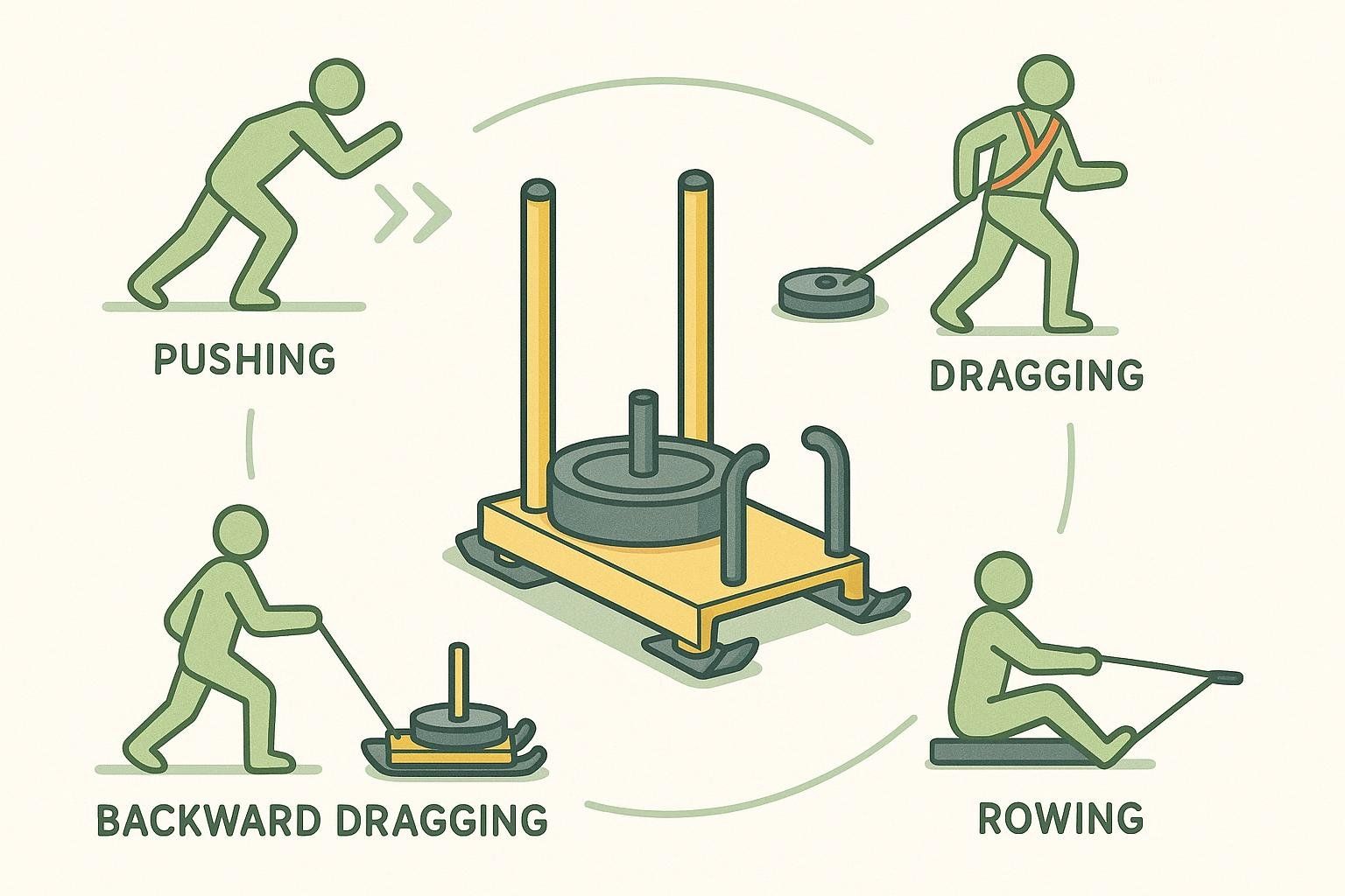 A diagram illustrating four different exercises that can be performed with one weight sled: pushing, dragging, backward dragging, and rowing. A central image of a yellow weight sled with weight plates is surrounded by these four activities, connected by arrows.
