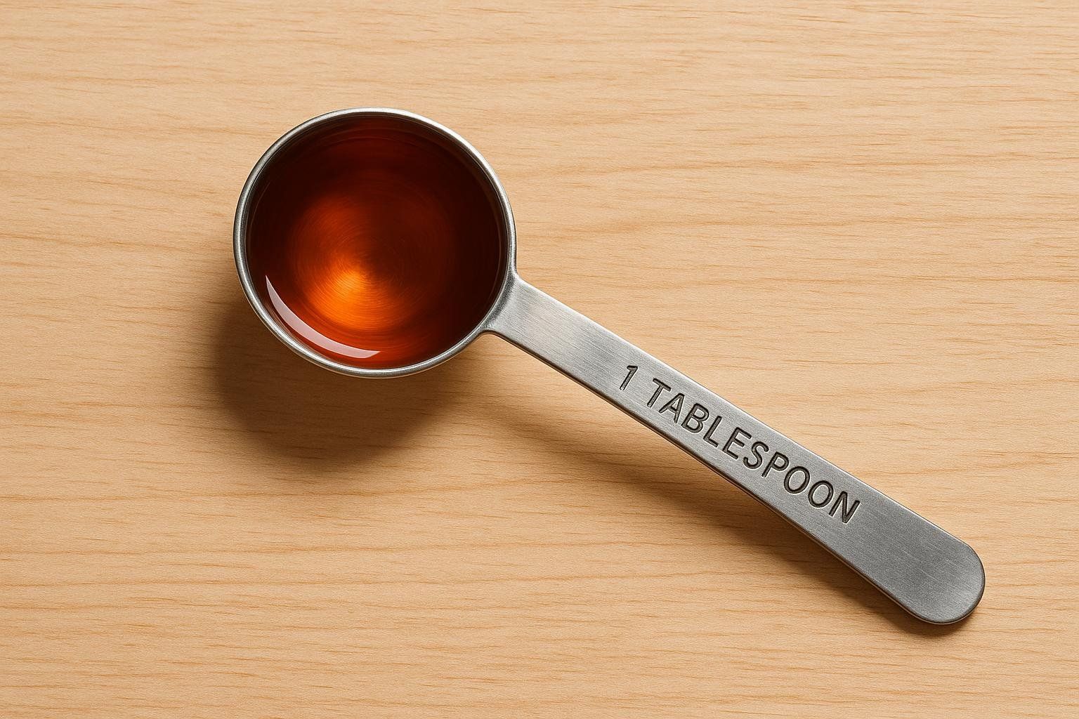 A tablespoon measuring spoon filled with agave syrup.