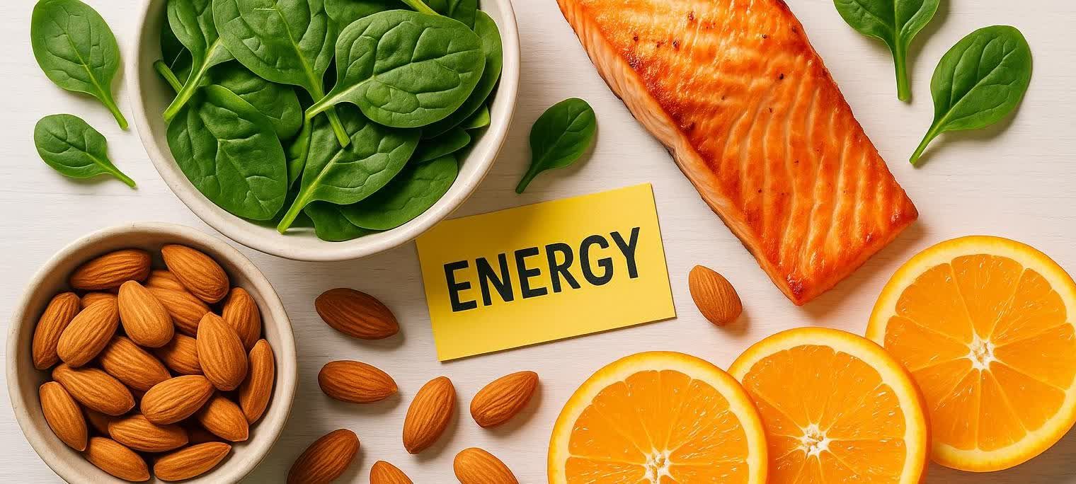 A top-down view of healthy foods for energy, including a bowl of spinach, a cooked salmon fillet, a bowl of almonds, orange slices, and a yellow card with the word 'ENERGY' on a white table.