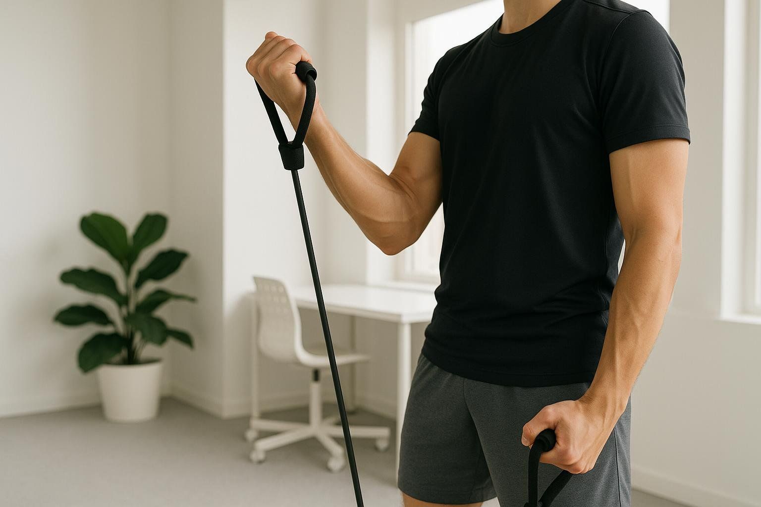 A man in a black t-shirt and grey shorts is performing bicep curls with a black resistance band.