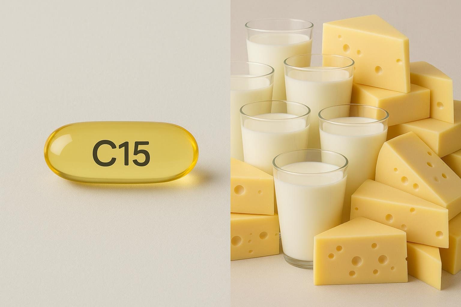 Visual comparison of a single C15 capsule next to a large quantity of milk and cheese, illustrating how much dairy is needed to obtain the same amount of C15.