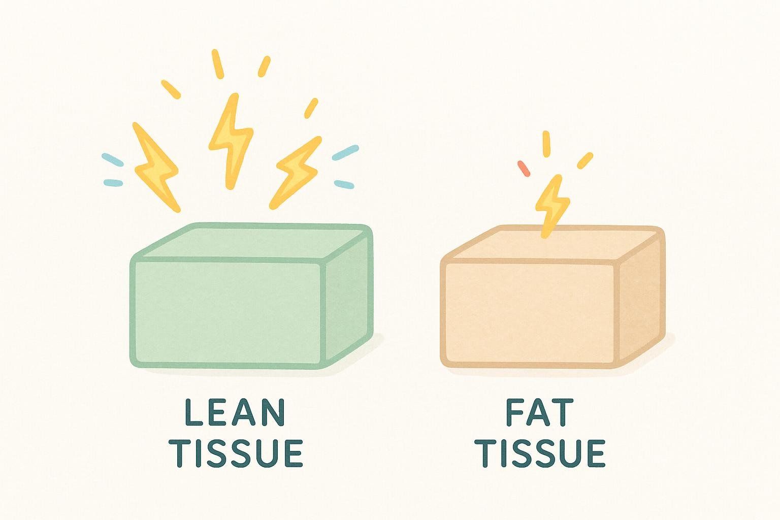 Illustration visually comparing metabolic rate: lean tissue block emits three energy sparks, while fat tissue block emits one.