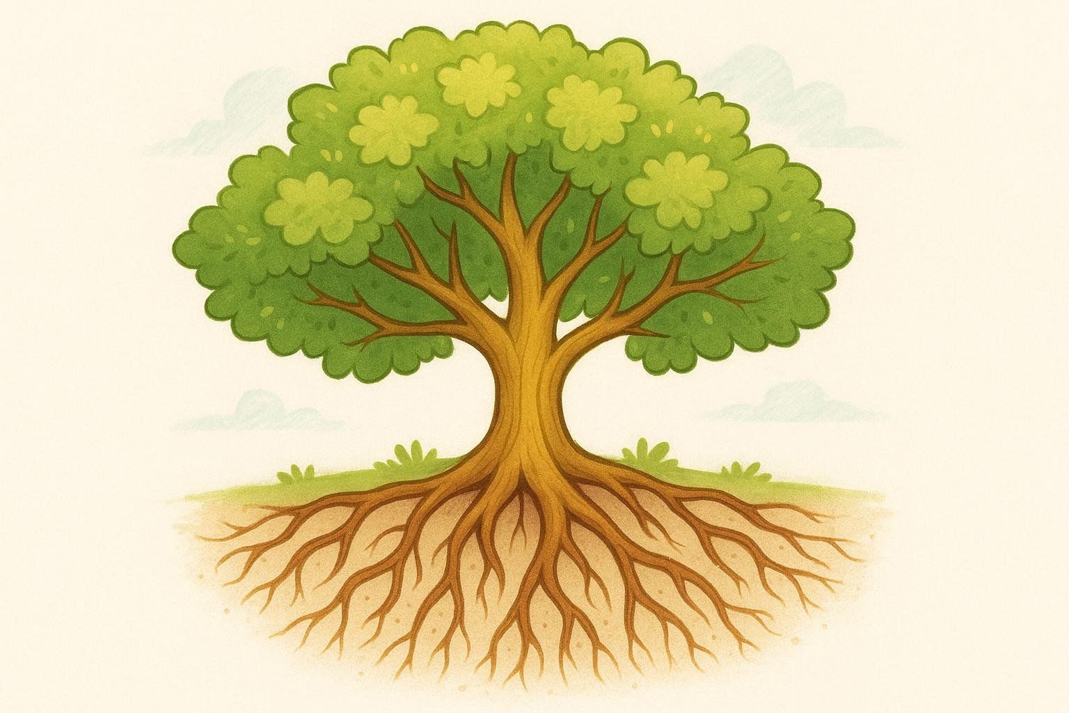 A cartoon illustration of a tree with a lush green canopy and visible, strong roots spreading out underground.