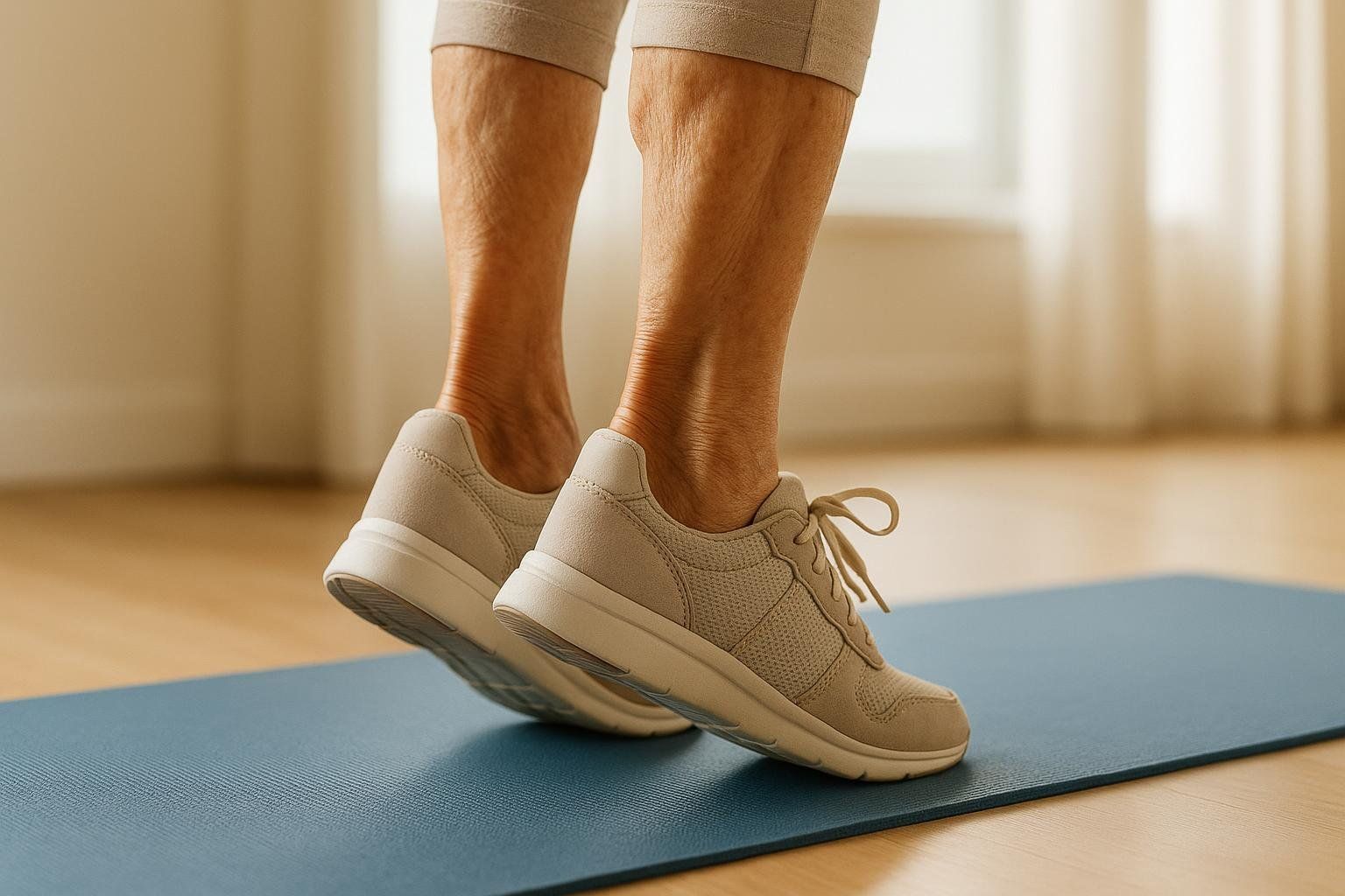 Close-up of a senior woman's feet and lower legs as she performs a weight-bearing calf raise exercise on a blue yoga mat. Her feet are raised on the balls, and she is wearing light-colored athletic shoes to support bone health.