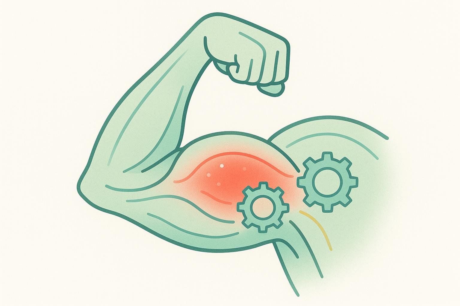 Abstract illustration of a flexed bicep showing a glowing red area, representing internal energy, alongside gears, symbolizing a metabolic powerhouse.