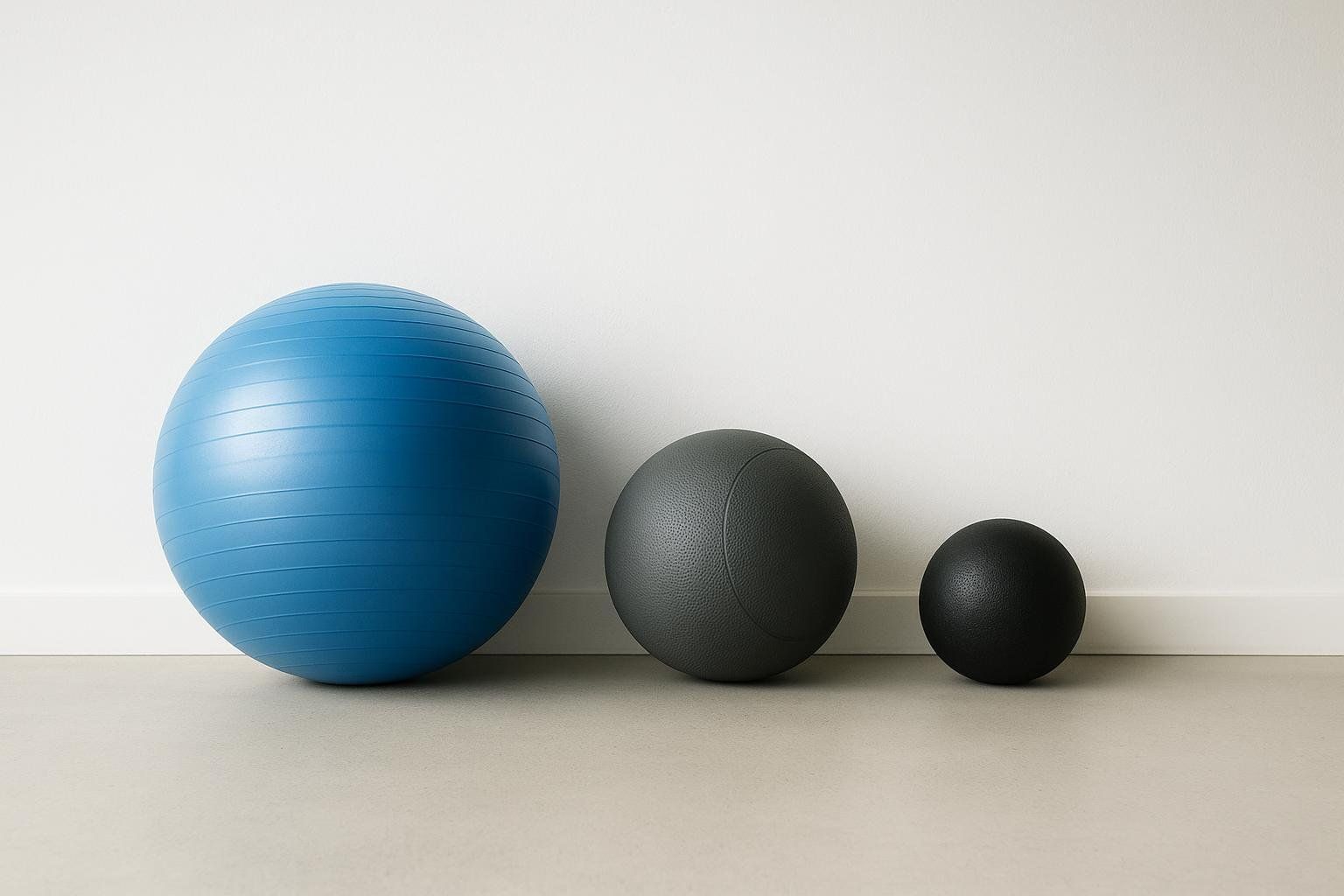 A blue stability ball, a gray medicine ball, and a black slam ball, all varying in size, are lined up in a gym setting against a white wall.