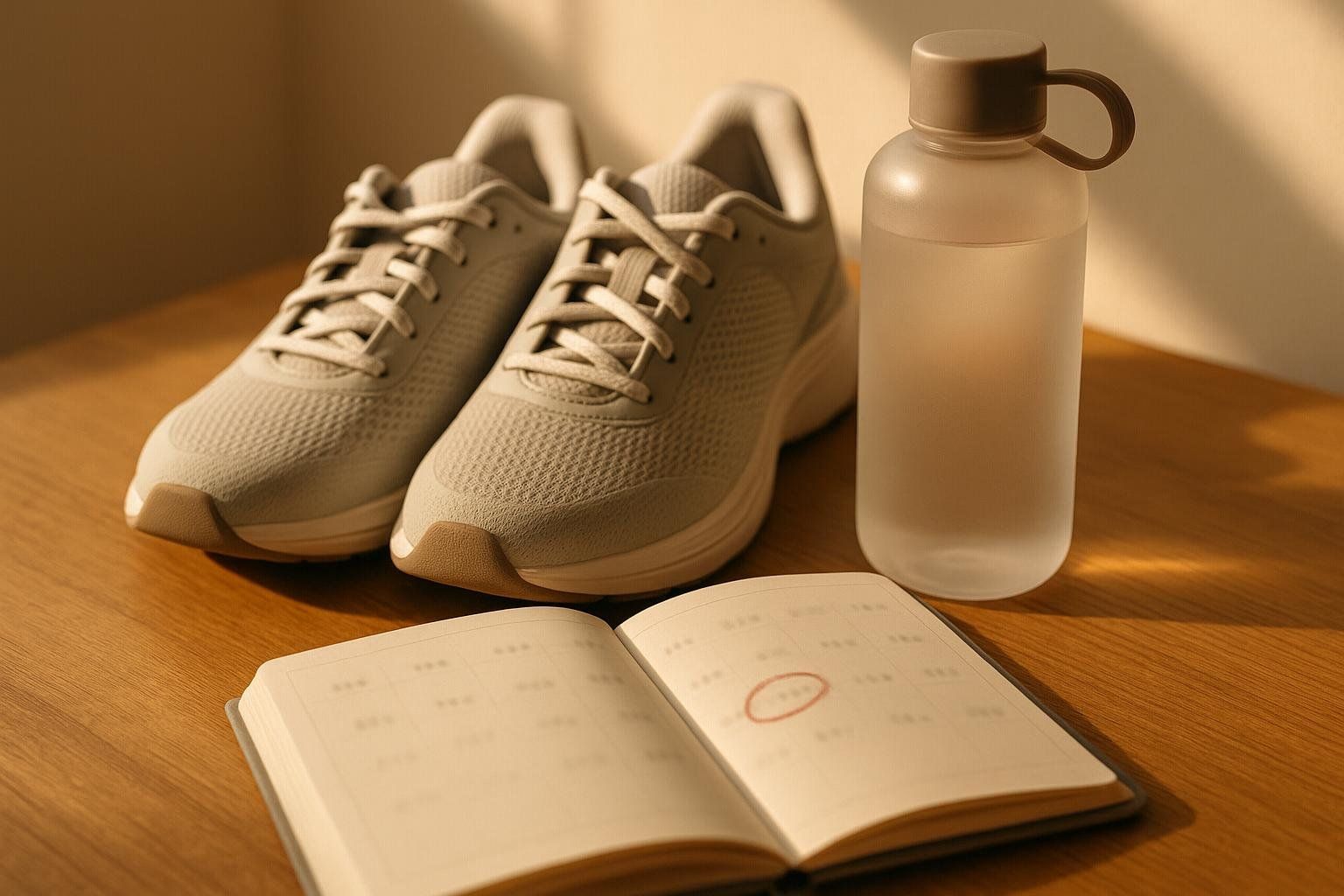 Running shoes, water bottle, and a calendar with a date circled, symbolizing planning and commitment to health actions.