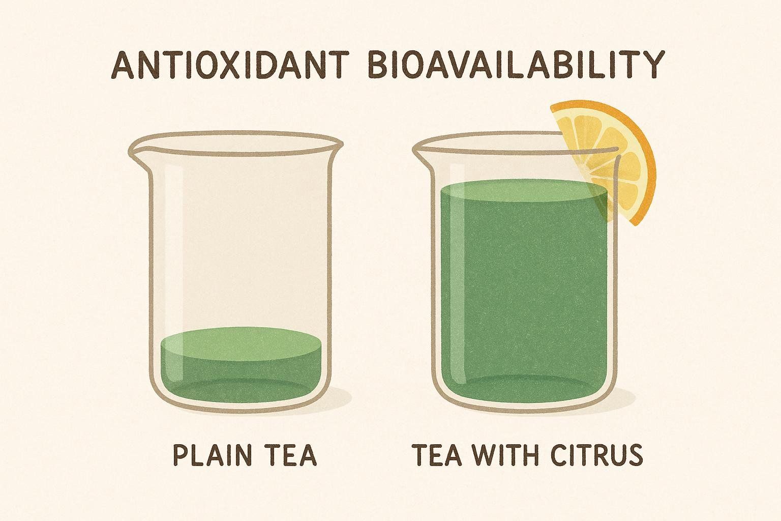 An illustration with two beakers demonstrating antioxidant bioavailability. The beaker labeled 'PLAIN TEA' is nearly empty, while the beaker labeled 'TEA WITH CITRUS' is almost full and has an orange slice on its rim, indicating higher antioxidant bioavailability when tea is consumed with citrus.