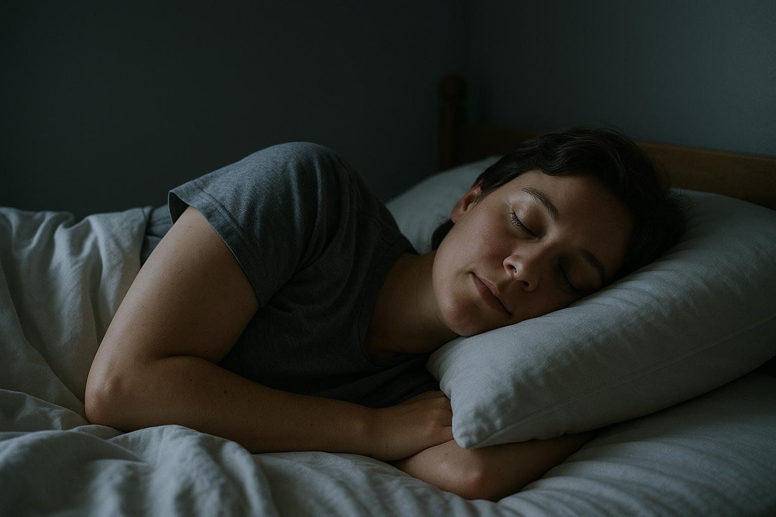 A person sleeping soundly on their side with a supportive pillow, ensuring neutral neck alignment to prevent muscle knots and improve sleep quality.