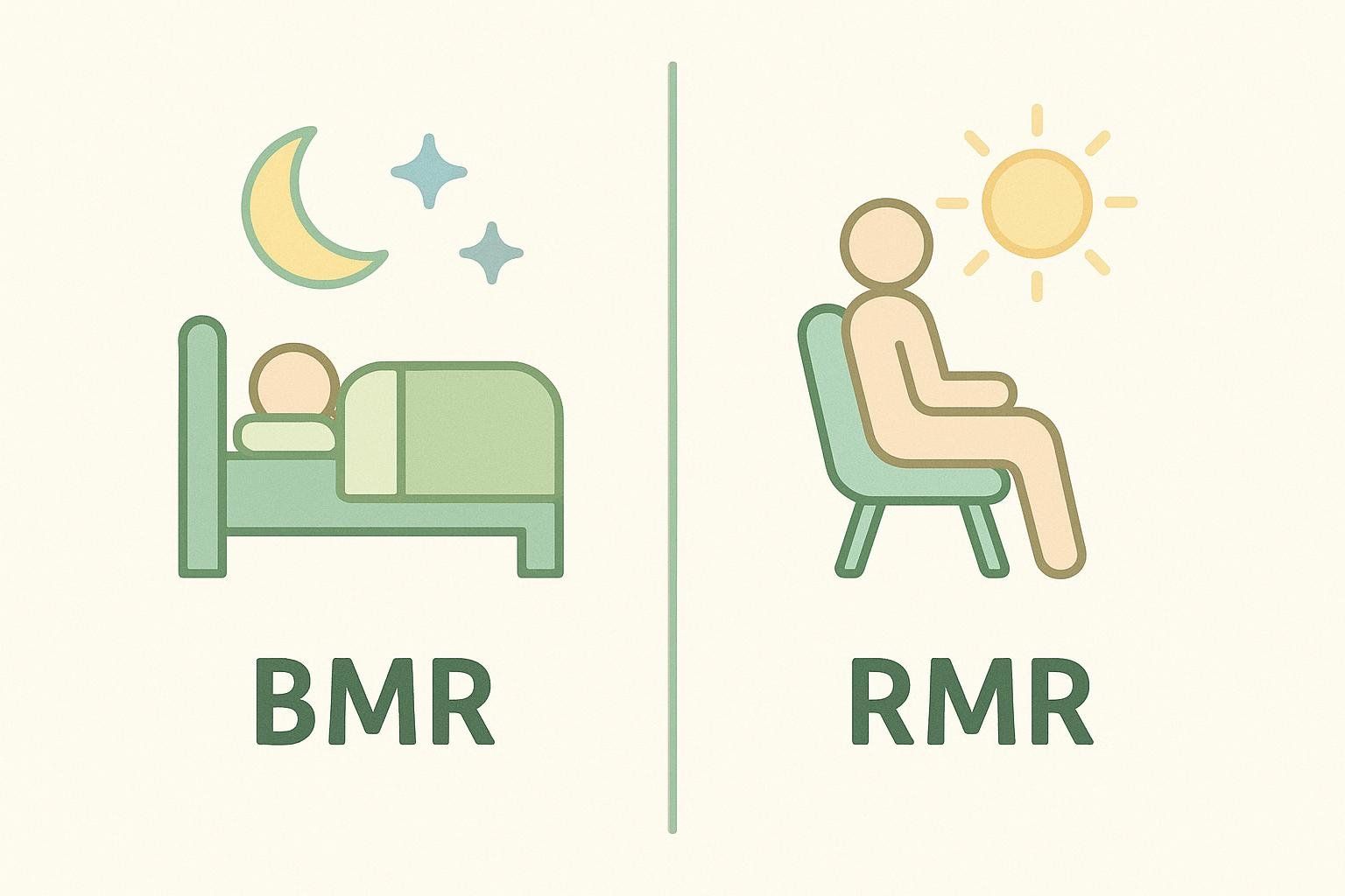 Diagram comparing BMR (Basal Metabolic Rate), measured during sleep, versus RMR (Resting Metabolic Rate), measured while relaxed and awake. It shows an icon of a person sleeping in a bed under a moon and stars for BMR, and a person sitting in a chair under a sun for RMR.