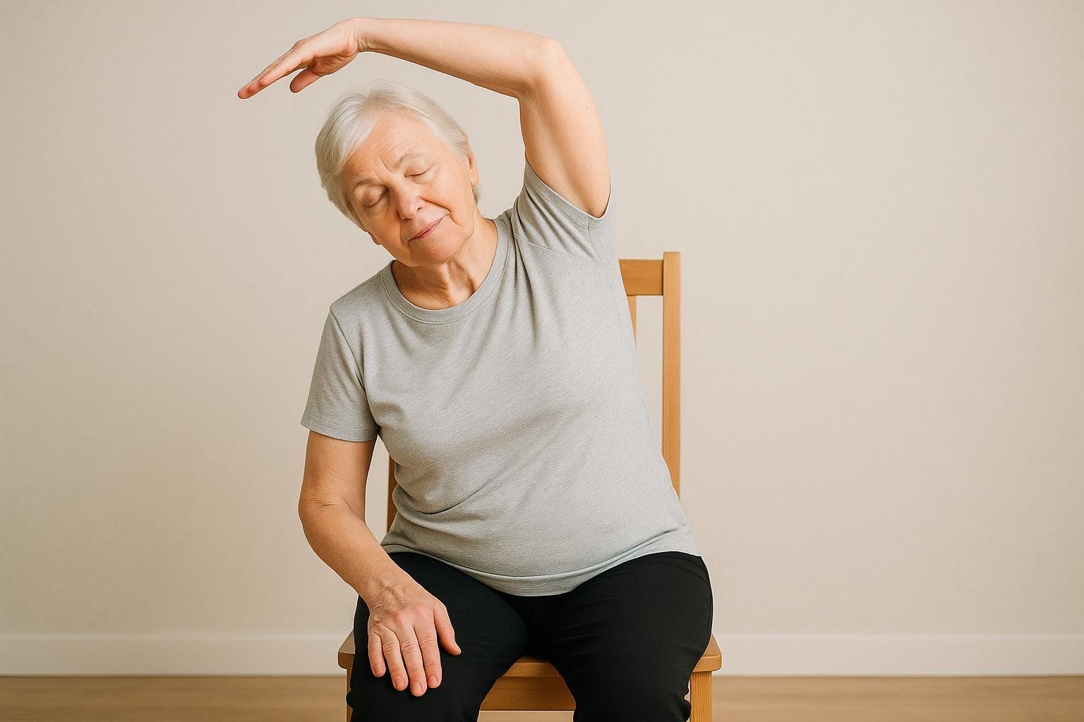 A senior woman with short white hair sits in a wooden chair, her eyes gently closed, performing a side bend stretch with her right arm extended overhead, reaching to her left side. She wears a grey t-shirt and black pants.