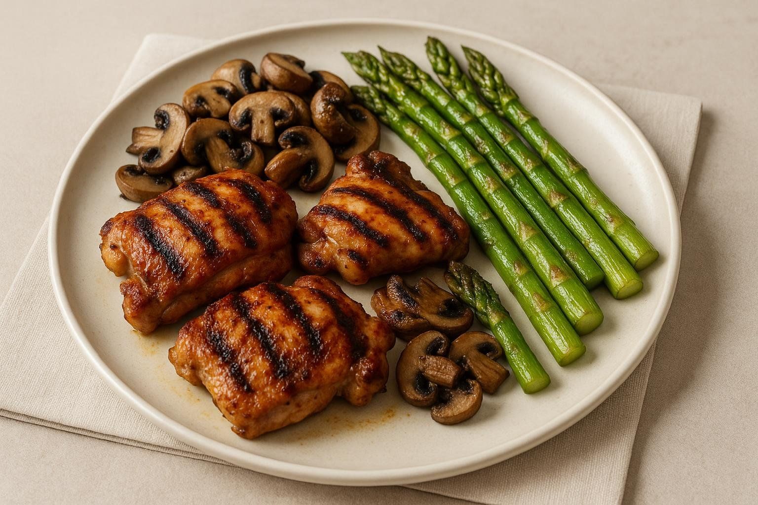 A white plate arranged with three grilled chicken thighs, a cluster of sautéed mushrooms, and a neat row of roasted asparagus spears.
