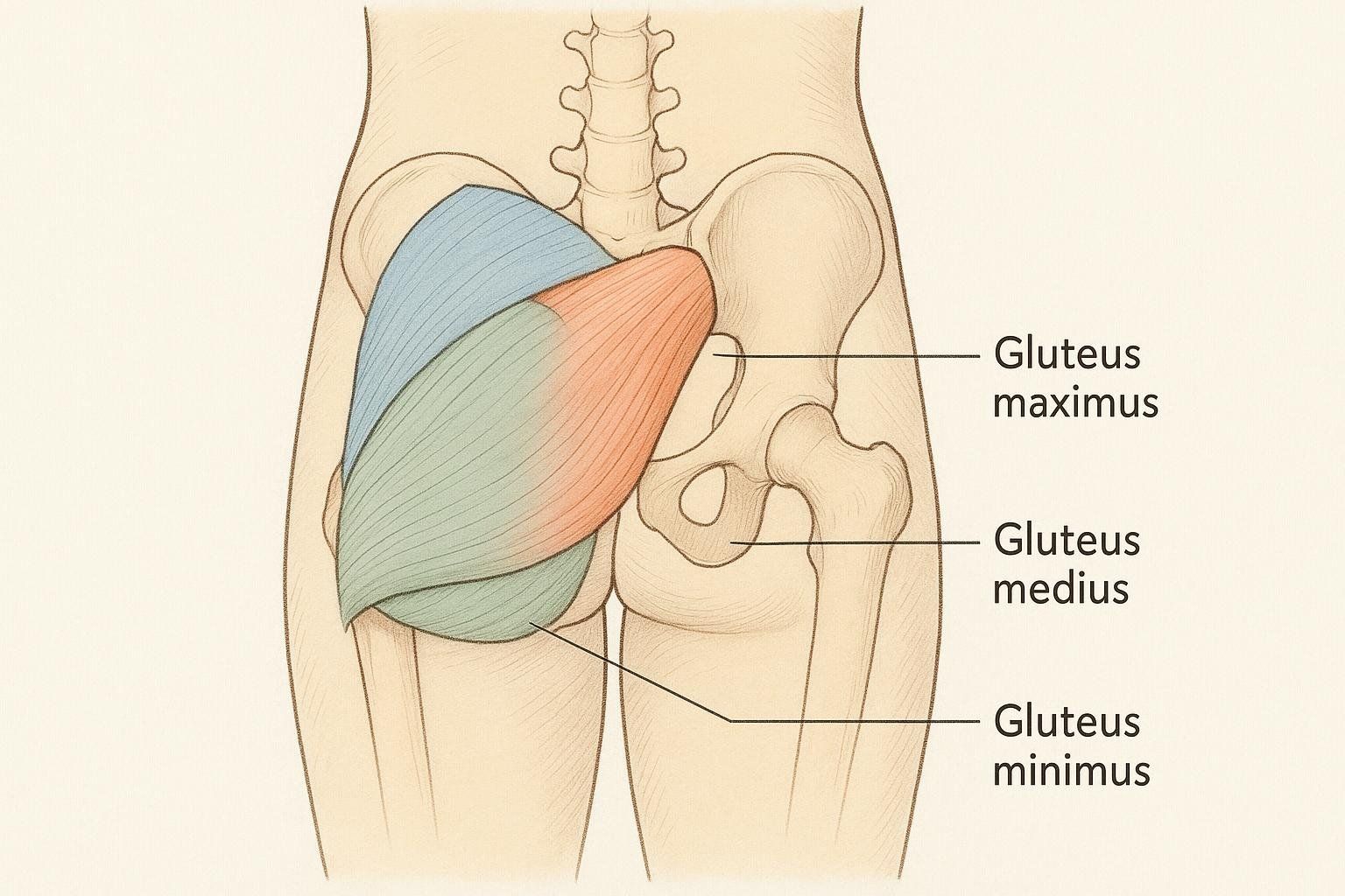 Anatomical illustration showing the gluteus maximus, medius, and minimus muscles.