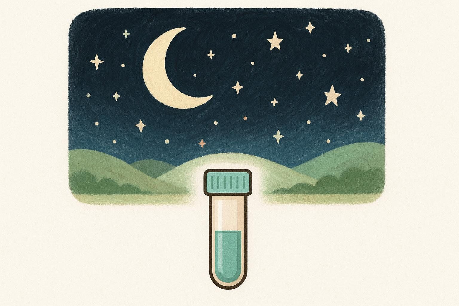 An illustration of a saliva collection tube with a blue-green liquid inside, centered under a dark blue night sky with a crescent moon and many stars, and green rolling hills in the background. This image symbolizes late-night collection for a cortisol test.