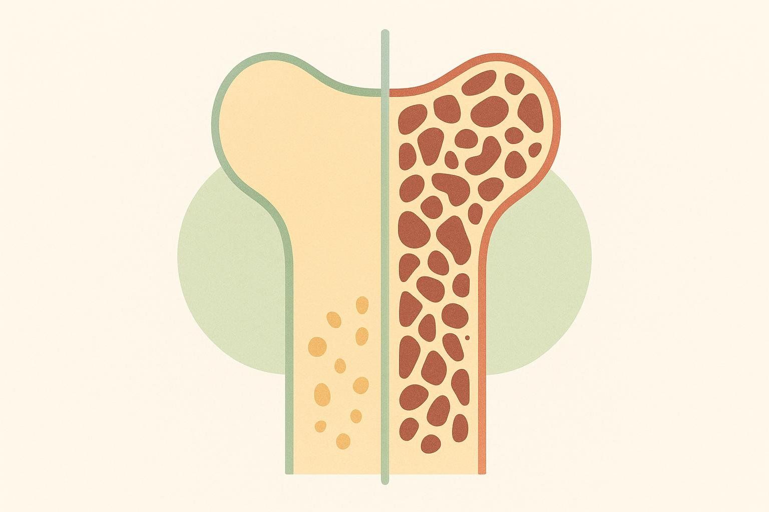 A comparative illustration showing a dense, healthy bone cross-section next to a porous, osteoporotic bone cross-section.