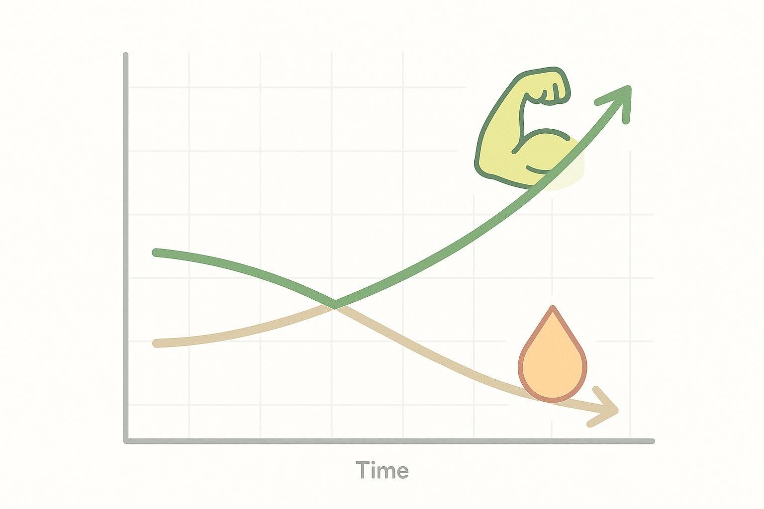 A line graph showing two trends over time: one green line with a flexing bicep icon is increasing, representing muscle gain, and one beige line with a fat droplet icon is decreasing, representing fat loss. The x-axis is labeled 'Time'.